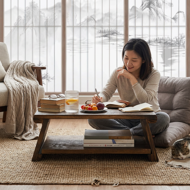 Traditional Japanese Solid Wood Rectangle Coffee Table 2-Tier For Living Room