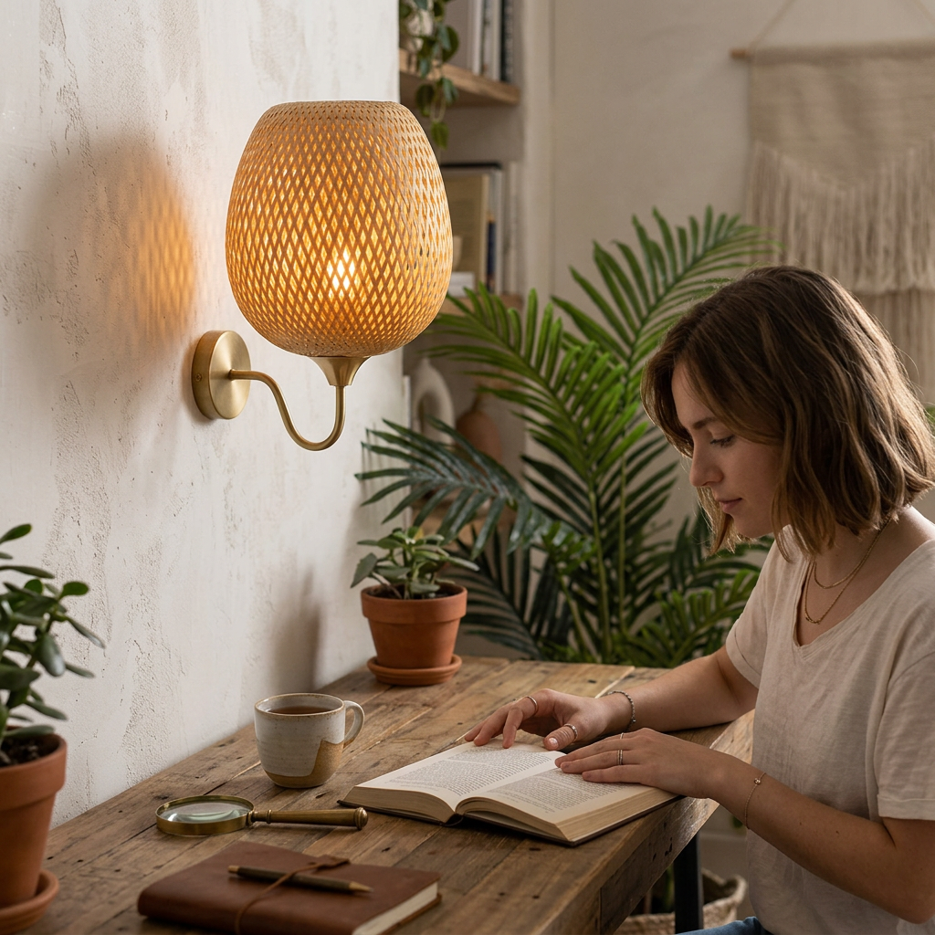 Modern Bamboo Weaving Handwoven Round Lampshade 1-Light Wall Sconce Lamp