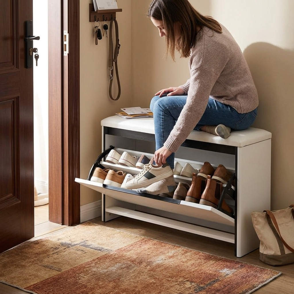 Modern Minimalist Rectangular Cube Microfiber Leather Pine Sitting Shoe Storage 2-Tier For Entryways