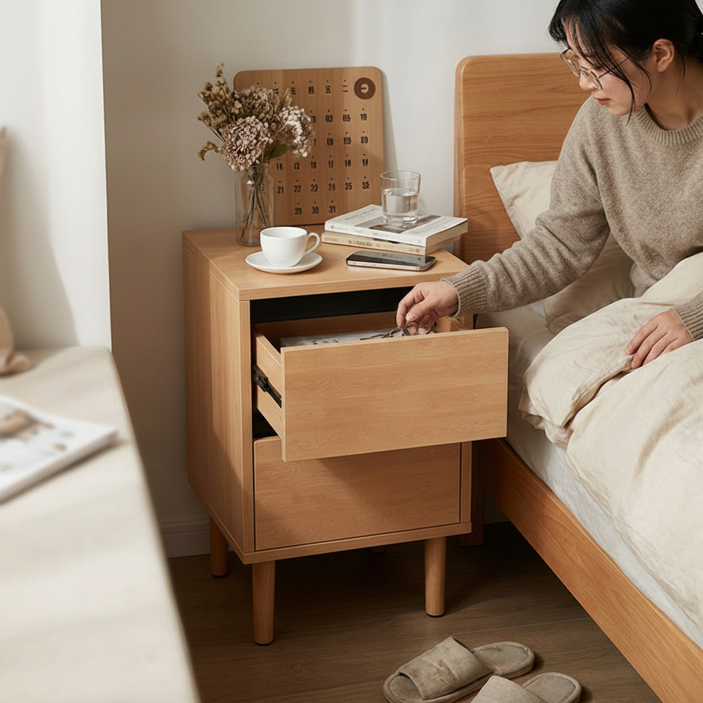 High-Leg Minimalist Rectangular Solid Wood Nightstand