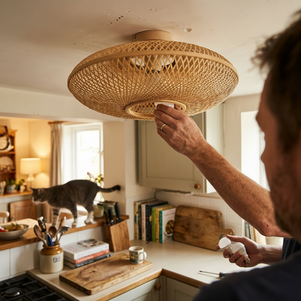 Traditional Round Bamboo 3-Light Semi-Flush Ceiling Light