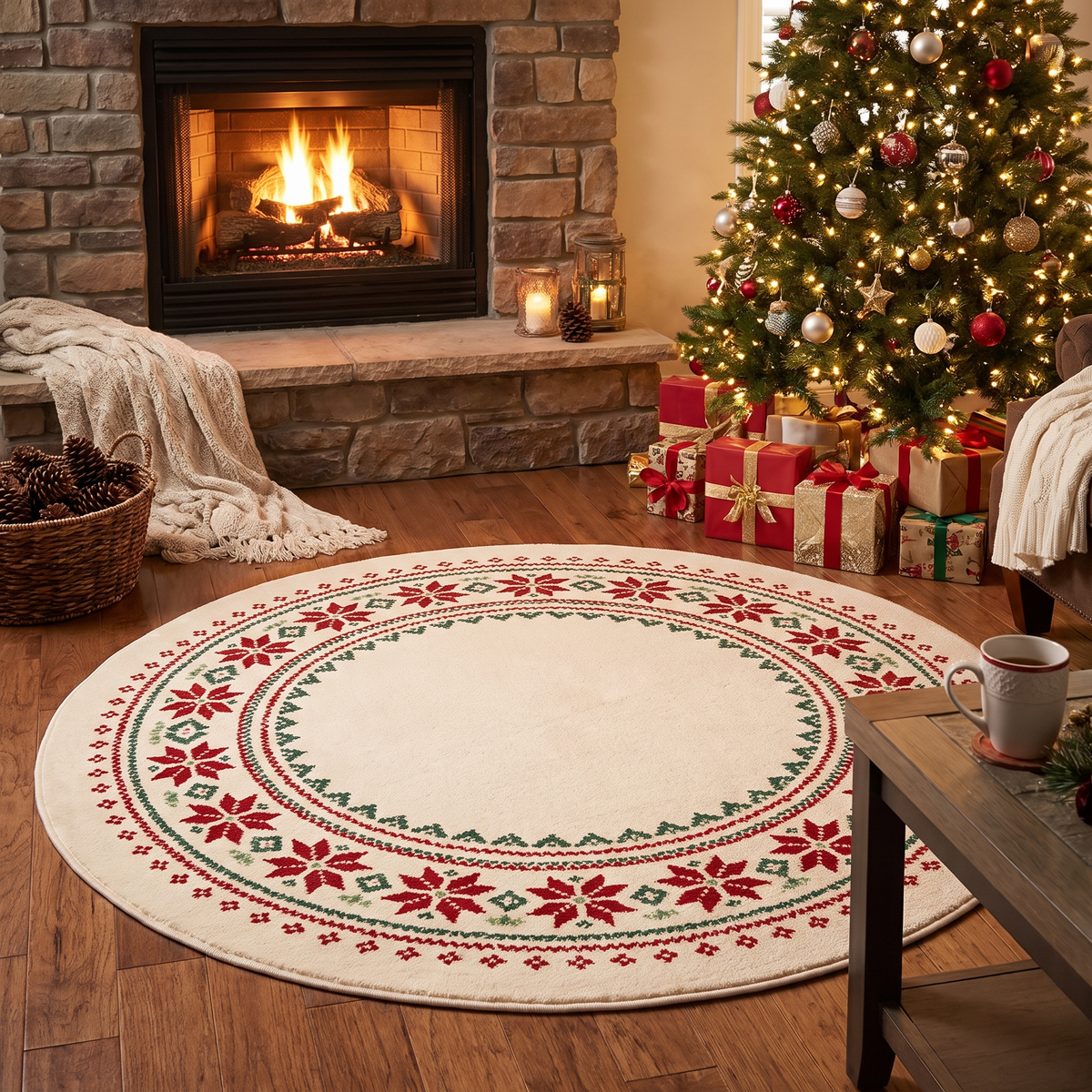 Round Faux Cashmere Christmas Rug lifestyle scene