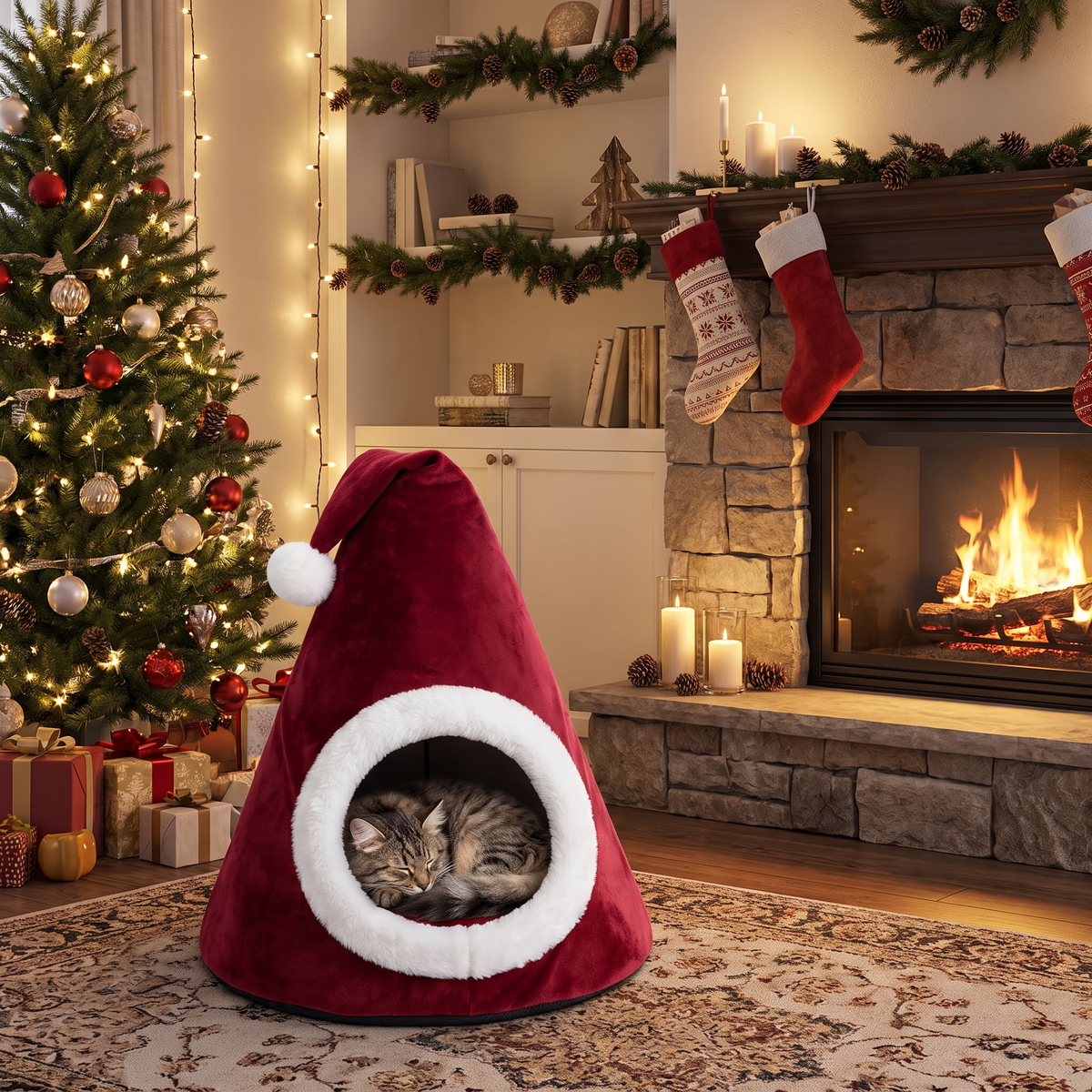 Conical Velvet Christmas Cat Bed lifestyle scene