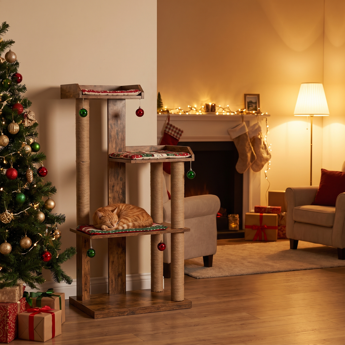Christmas Cat Tree - Hemp Rope 3-Tier lifestyle scene