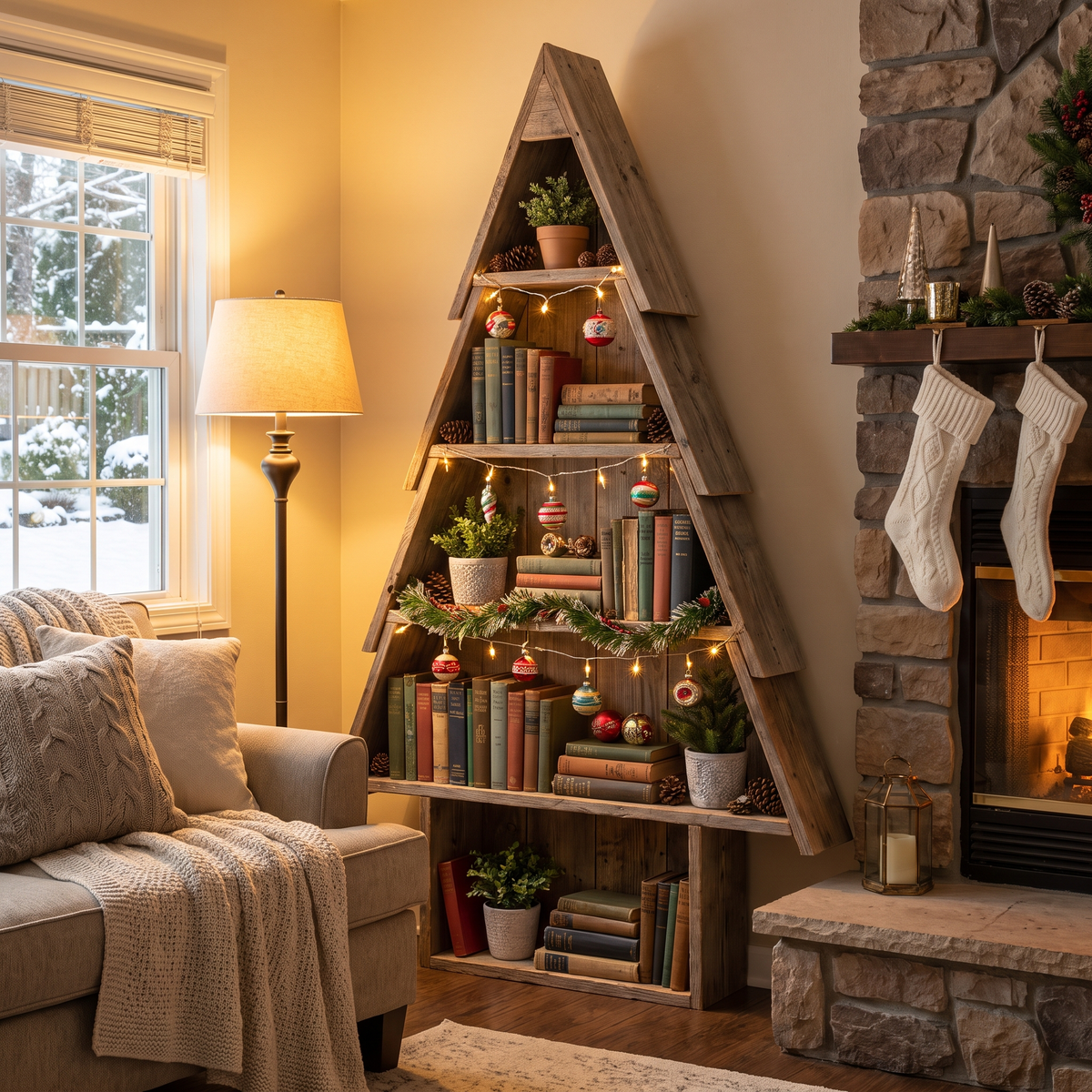 Rustic Christmas Tree Bookshelf lifestyle scene