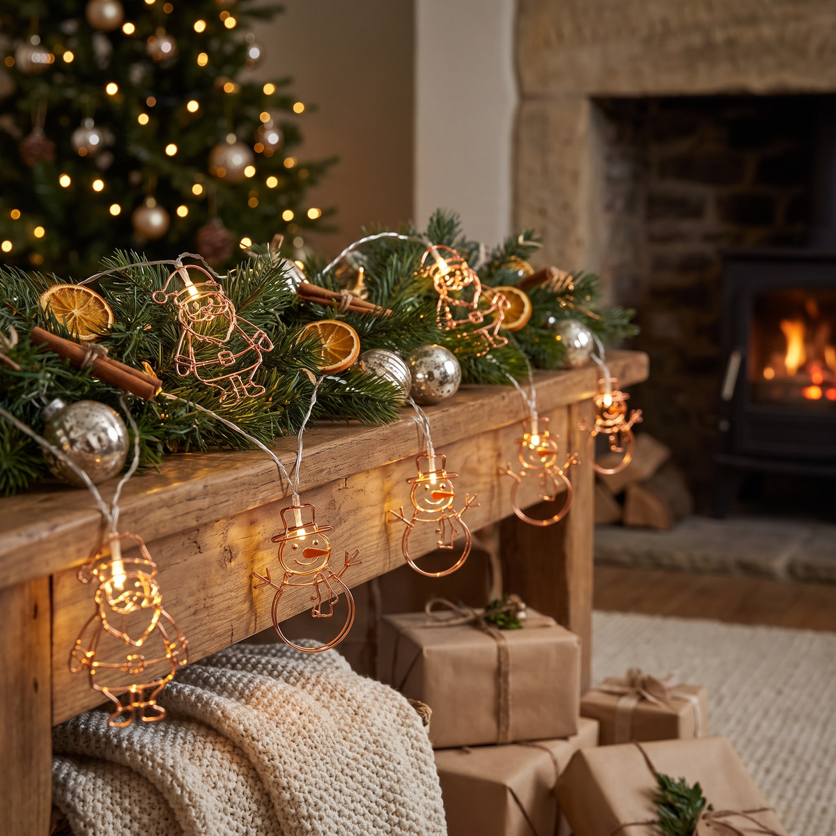 Copper Wire Santa Snowman String Lights lifestyle scene