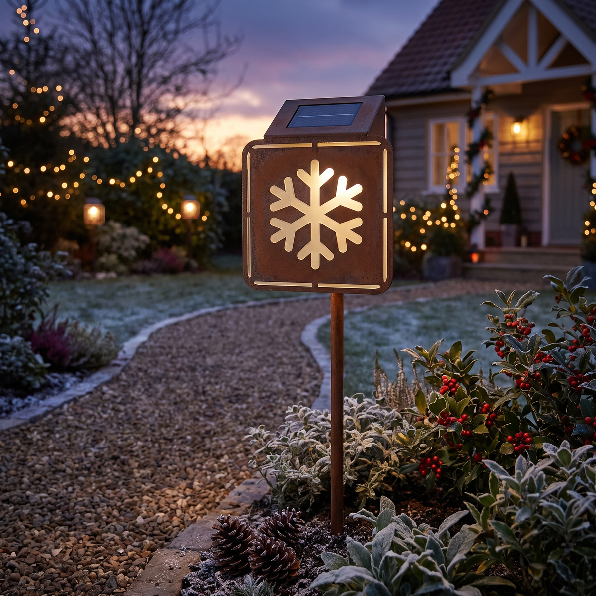 Solar Snowflake Road Sign Garden Light lifestyle scene