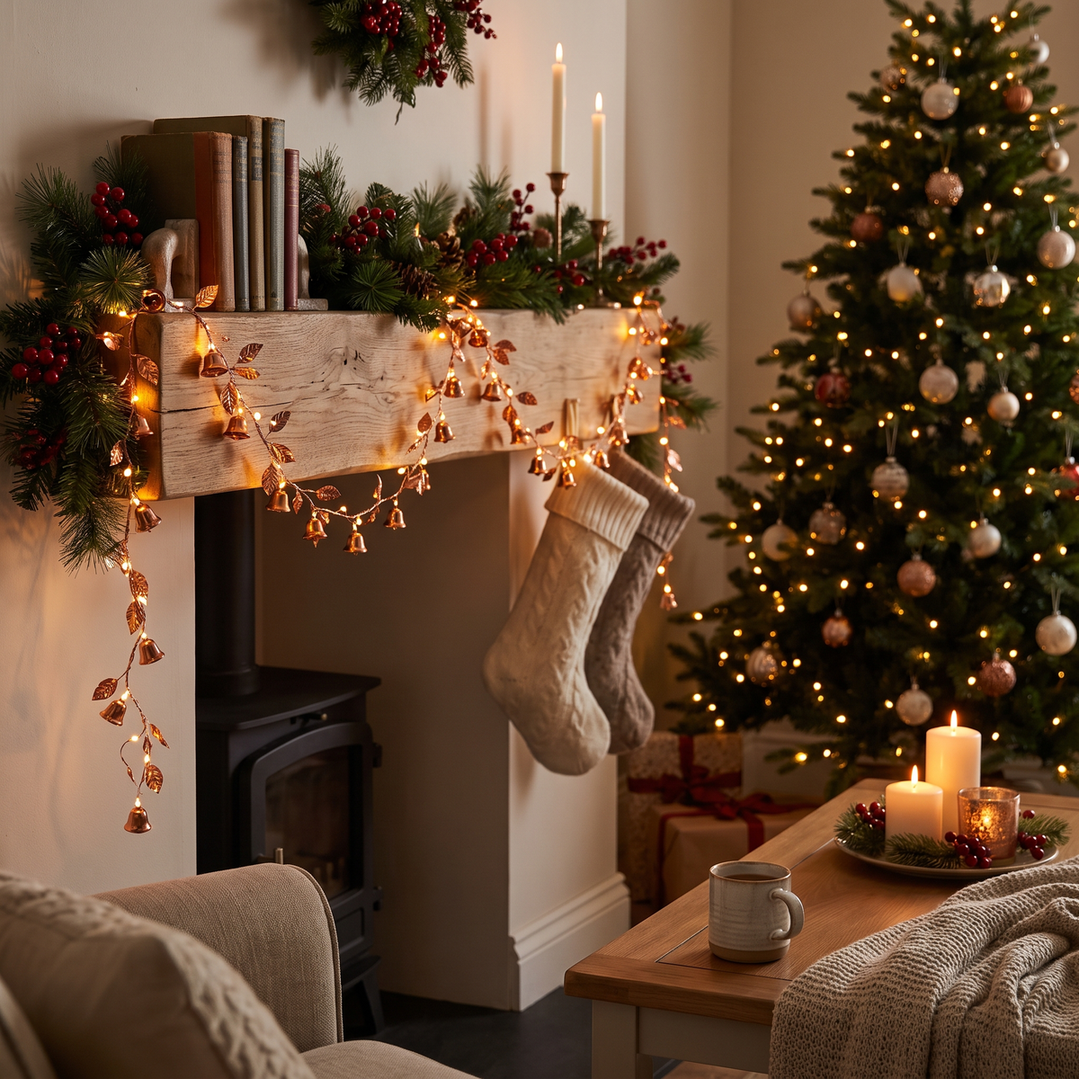 Copper Leaf Bell Christmas String Lights lifestyle scene