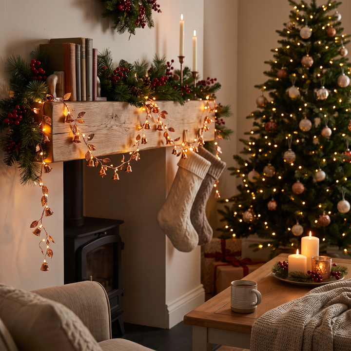 Copper Leaf Bell Christmas String Lights lifestyle scene